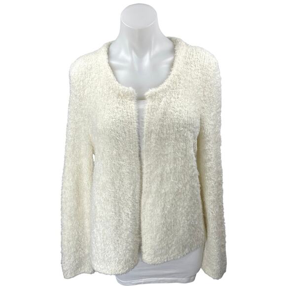 Ann Taylor Loft White Wool Fuzzy Long Sleeve Open Front Cardigan Sweater Size L - Picture 1 of 5